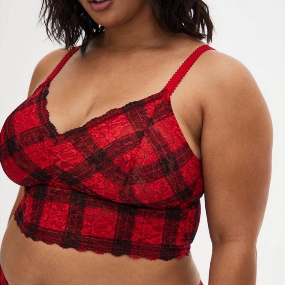 Torrid Red Tartan Plaid Unlined Lace Wireless Crop Bralette Size Large 4